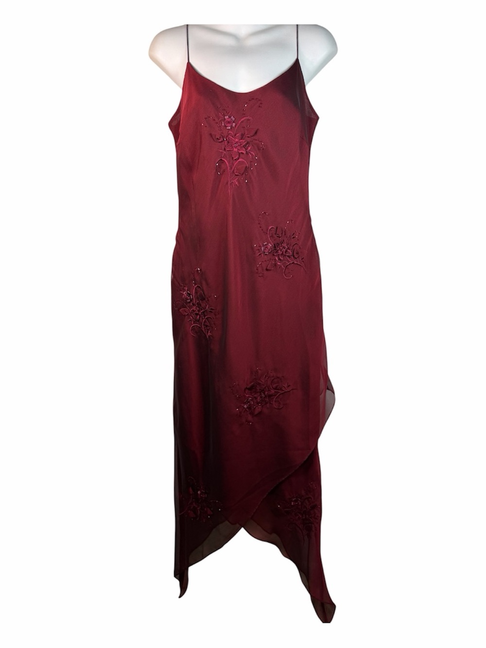 Adrianna Papell Evening Beaded Dress Floral Fairy Burgundy Y2K 12P Asymmetrical